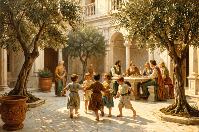 Children playing in a sunlit courtyard under an olive tree