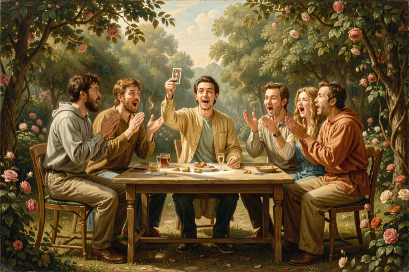 A person doing a card trick for friends at a garden table