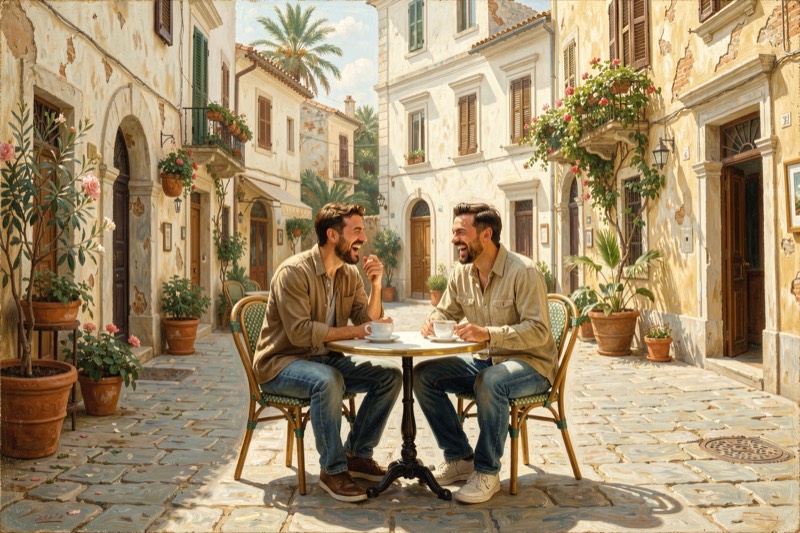 Two people laughing over coffee in a sunny square