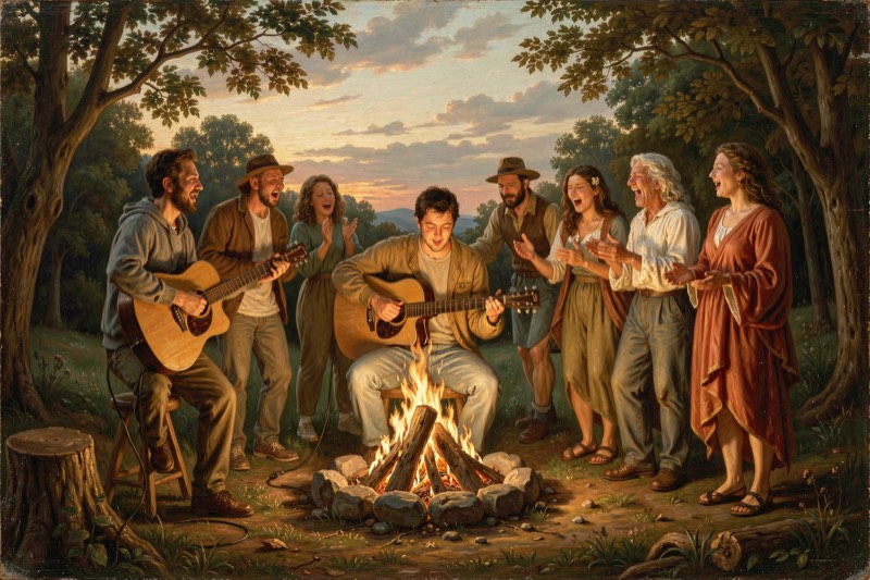 A person playing guitar while friends sing round a fire