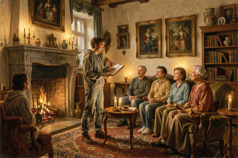 A person reciting a poem by a fireplace to family
