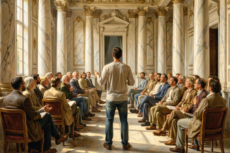 A person giving a talk to a seated audience in a sunlit hall