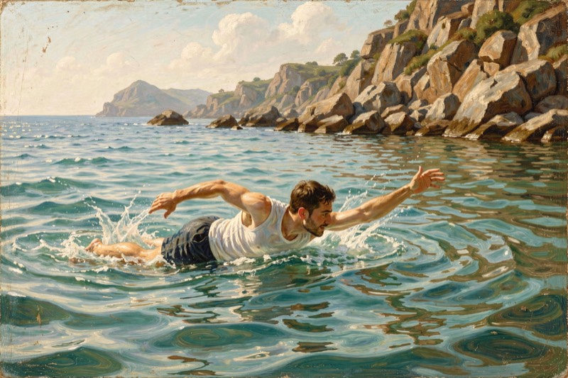 A person swimming in a calm turquoise sea
